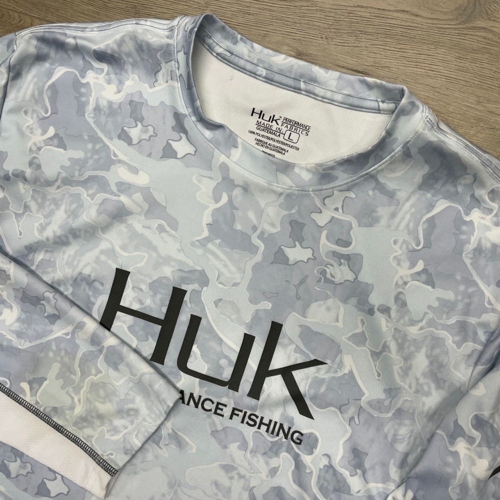 Huk Performance Fishing Shirt Mens L Blue White Camo Long Sleeve H1200143